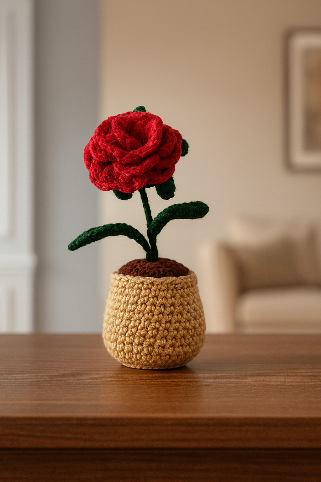 Handmade Crochet Rose in Pot – Knitted Decorative Flower | Forever Gift & Home Decor