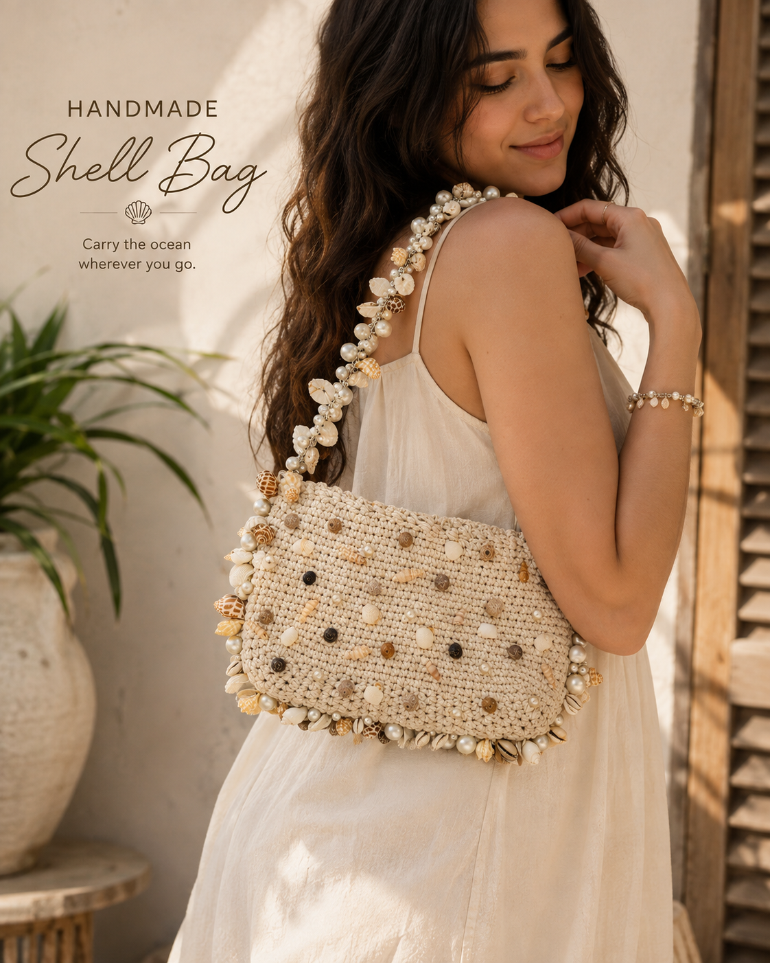 Handmade Crochet Shell Bag with Pearls | Beach Boho Shoulder Bag for Women
