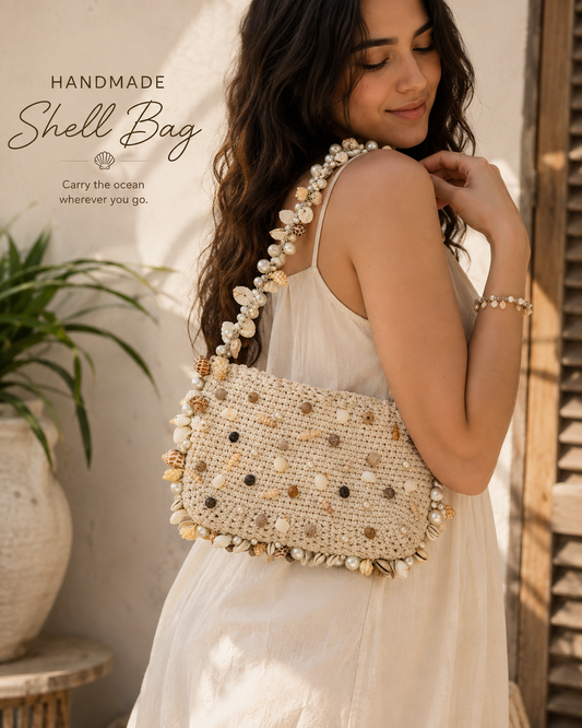 Handmade Crochet Shell Bag with Pearls | Beach Boho Shoulder Bag for Women