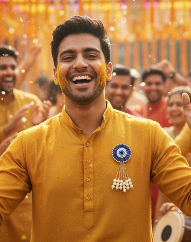 Evil Eye Beaded Brooch with Pearl Tassels - Wedding, Haldi & Mehndi Accessory