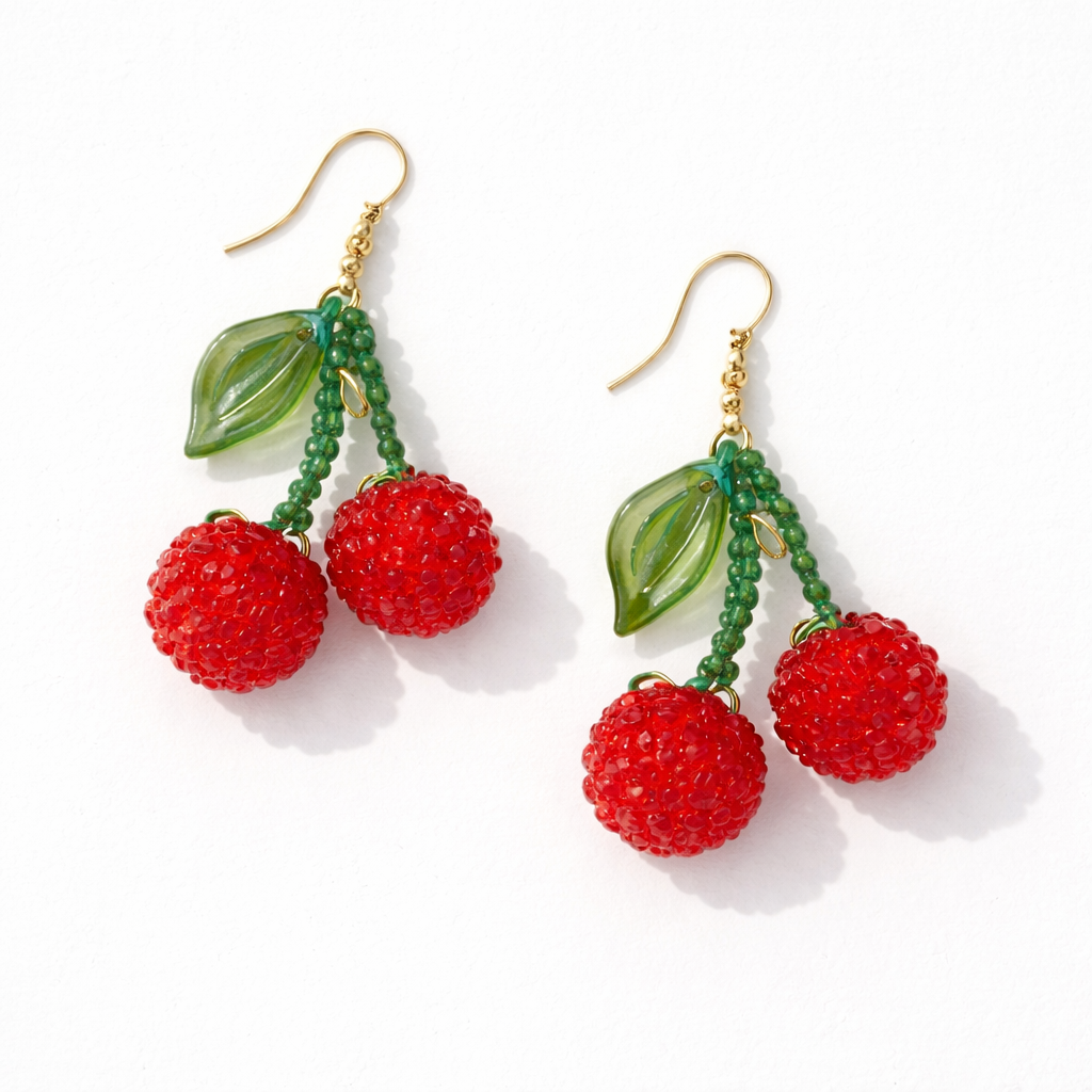 Cherry Pop Beaded Earrings | Handmade Red Cherry Drop Earrings for Women