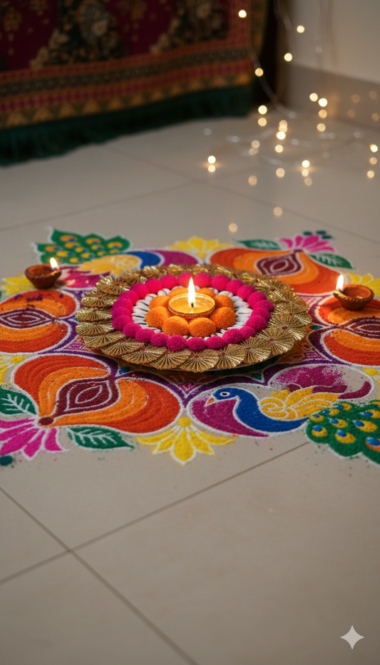 8 Inch Decorative Rangoli Plate for Diwali | Handmade Pooja Thali with Diya Holder | Festive Home Decoration