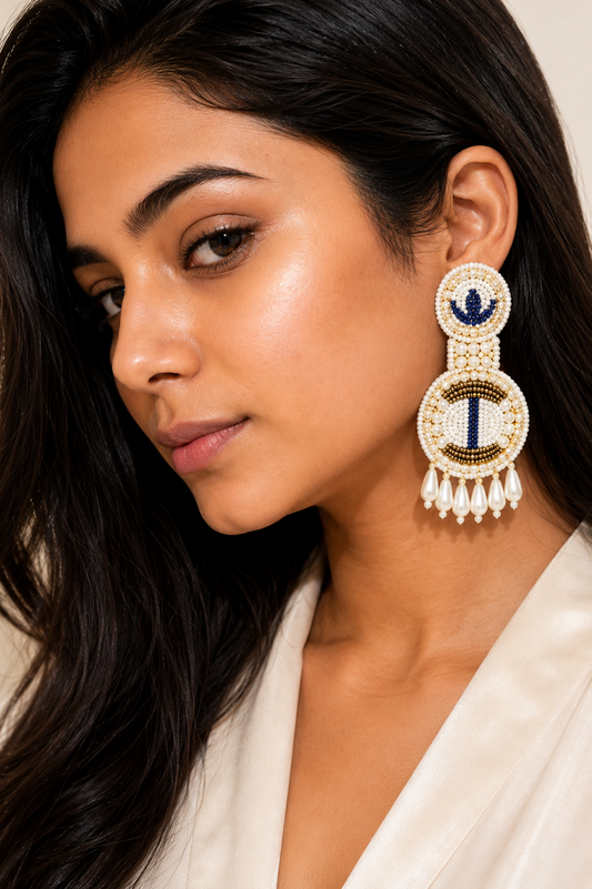Indigo Pearl Statement Earrings | Handmade Beaded Earrings | House of Bulbul