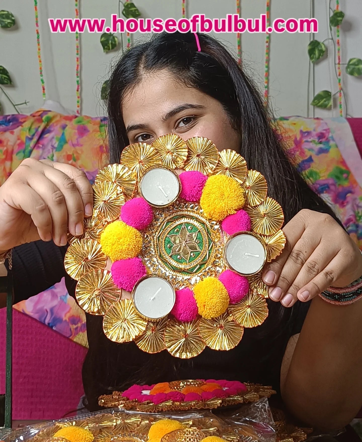 Festive Golden Rangoli Plate 8 inch with Tealight Candles