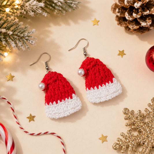 Handmade Crochet Santa Hat Earrings | Christmas Statement Earrings | House of Bulbul