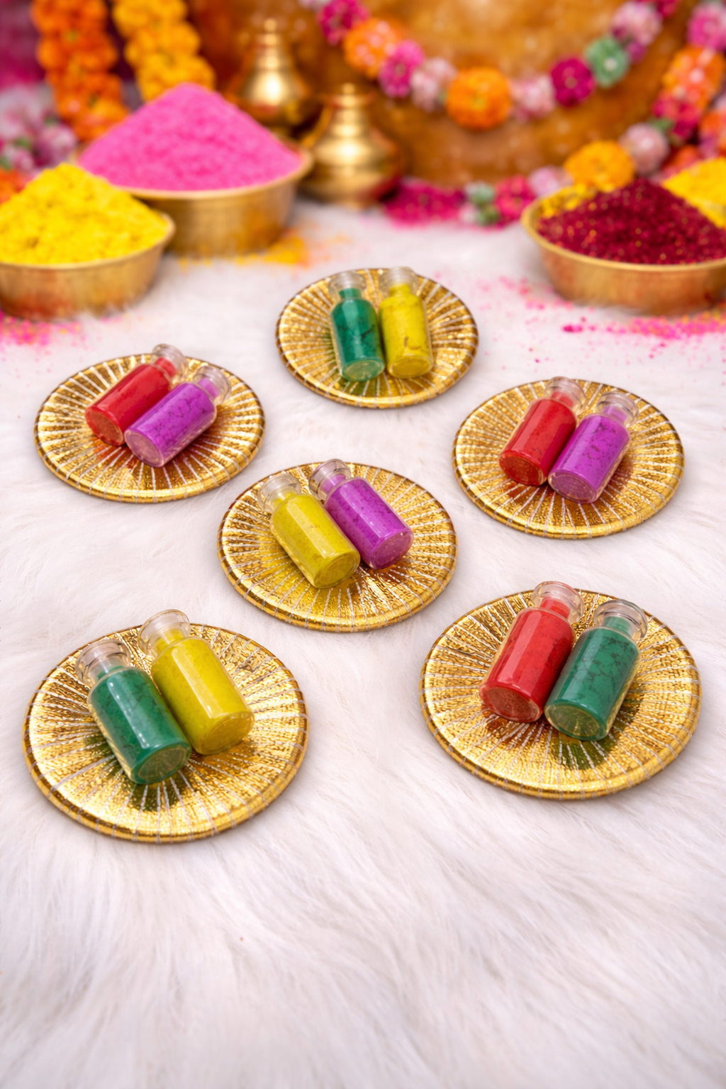 Holi Mini Color Bottle Combo | Gulal Bottles with Golden Decorative Plate