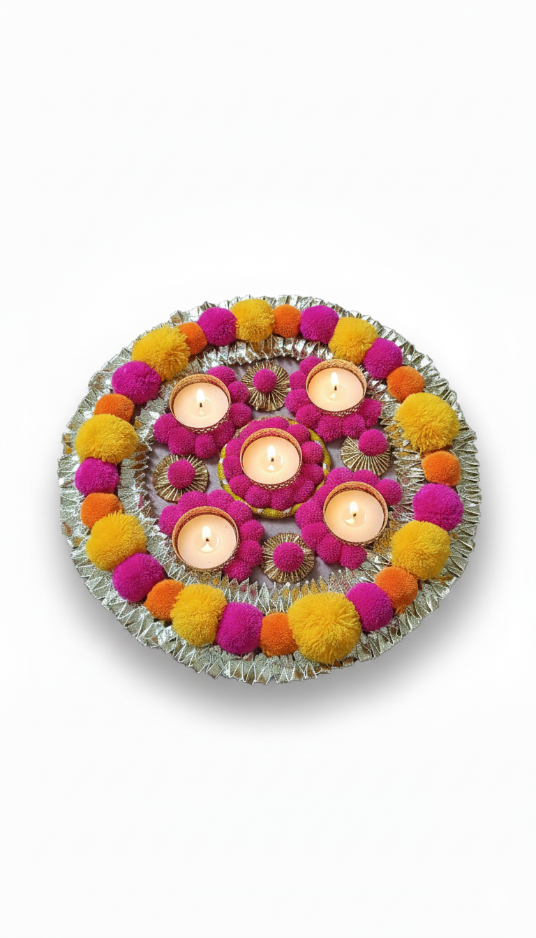 12 inch Decorative Rangoli Plate for Diwali | Handmade Pooja Thali with Diya Holder | Festive Home Decoration