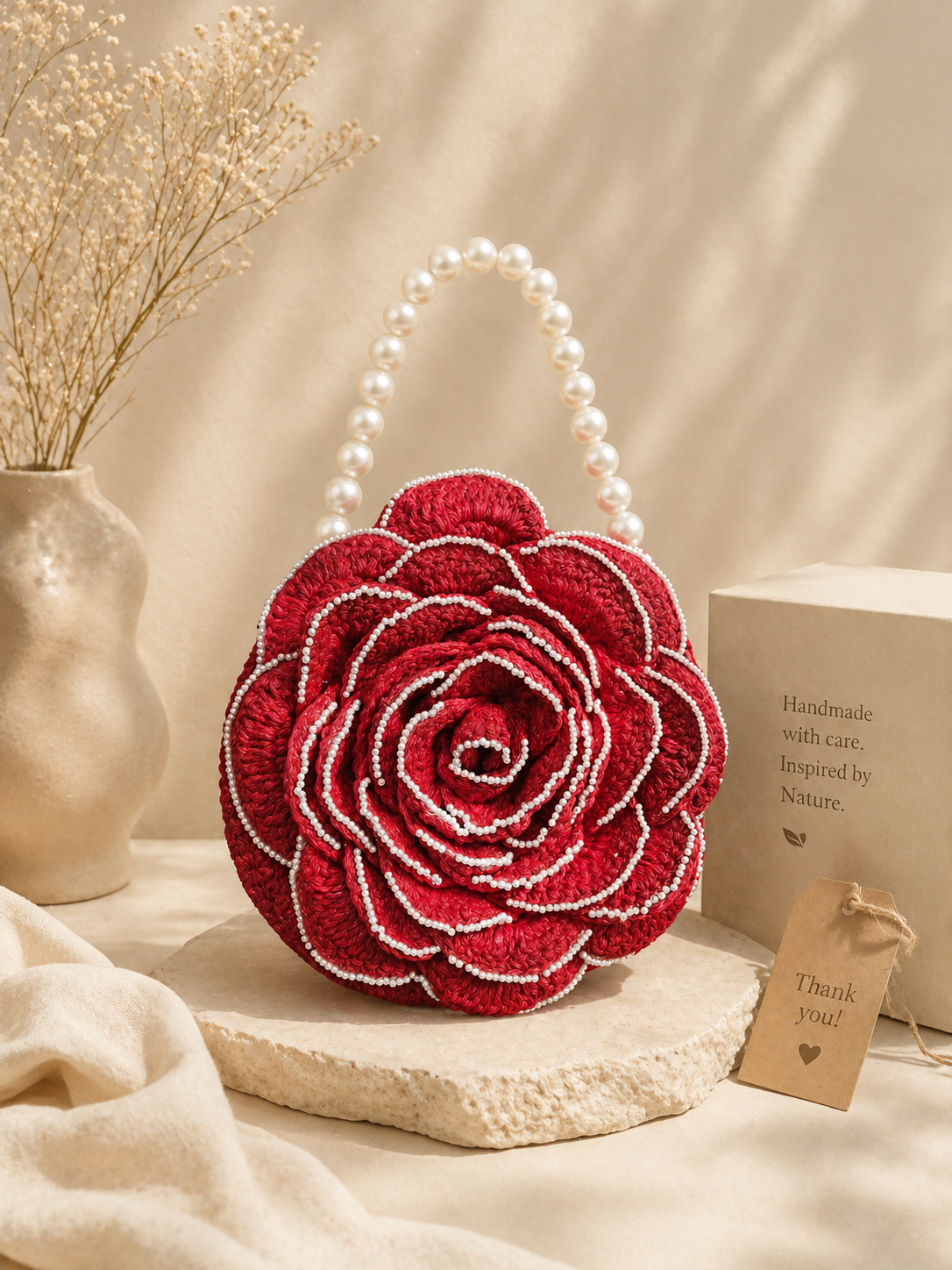 Handcrafted Red Rose Crochet Mini Bag with Pearl Handle | Statement Floral Evening Bag