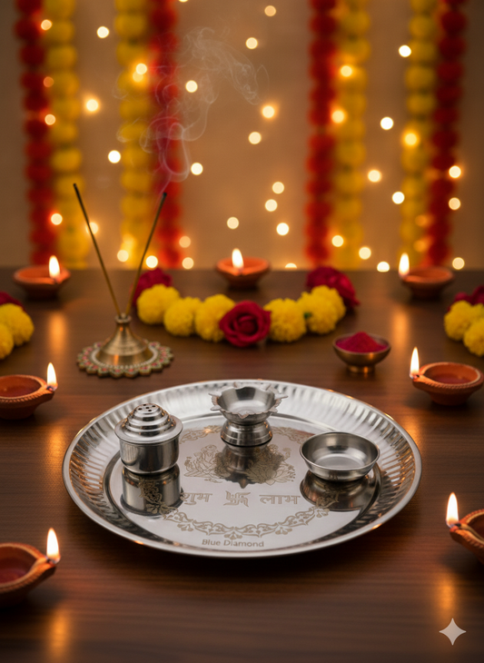 Exquisite Stainless Steel Puja Thali Set with "Shubh Labh" Engraving