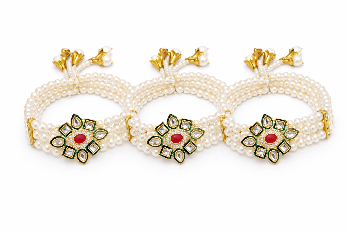 Pearl Kundan Bracelet with Ruby Center | Pearl Kundan Bracelet – Luxury Wedding Return Gift & Festive Favour | House of Bulbul