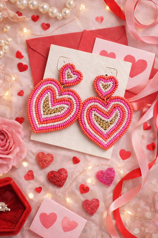 Handmade Beaded Heart Drop Earrings | Pink & Red Valentine Statement Earrings