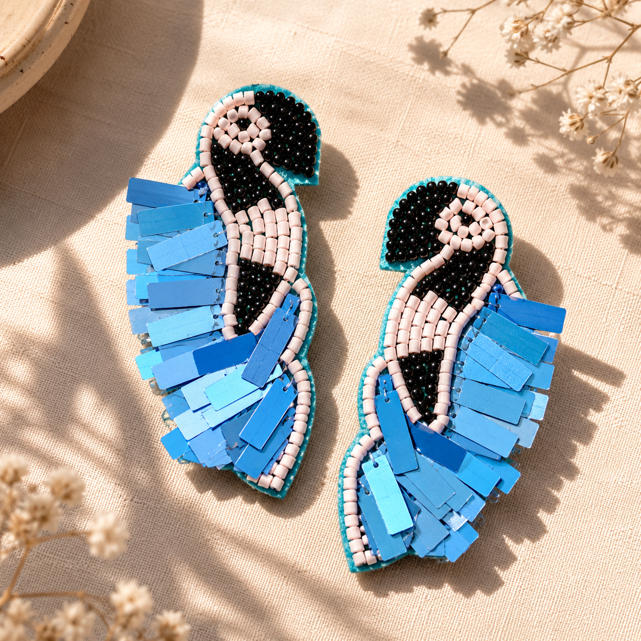 Blue Bird Beaded Statement Earrings | Handmade Sequin Bird Earrings