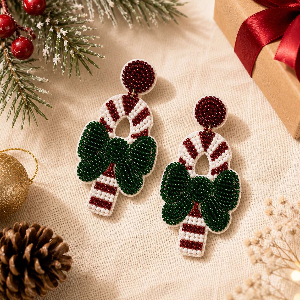 Candy Cane Bow Beaded Earrings | Handmade Christmas Statement Earrings | House of Bulbul