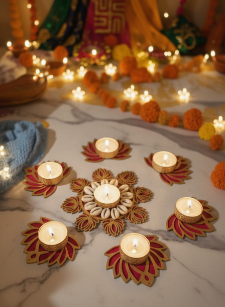 Handmade Wooden Rangoli Tealight Holder Set | Decorative Diya Plate for Diwali & Festive Home Décor
