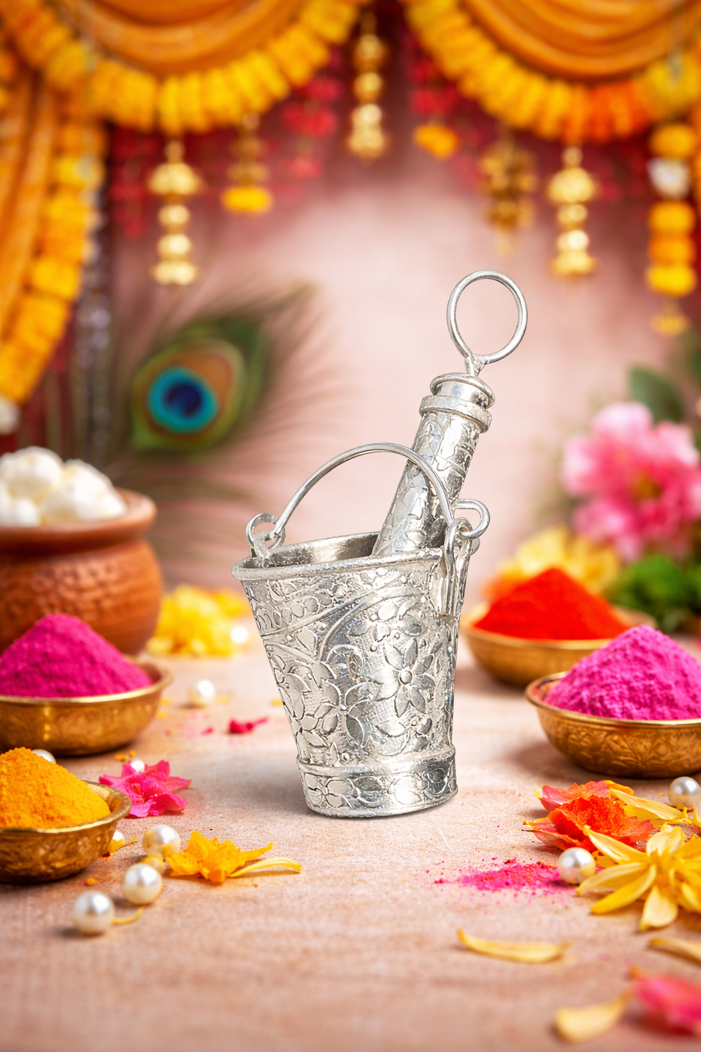 Mini Silver Holi Balti Pichkari Set for Kanha Ji | Temple & Pooja Decor Item