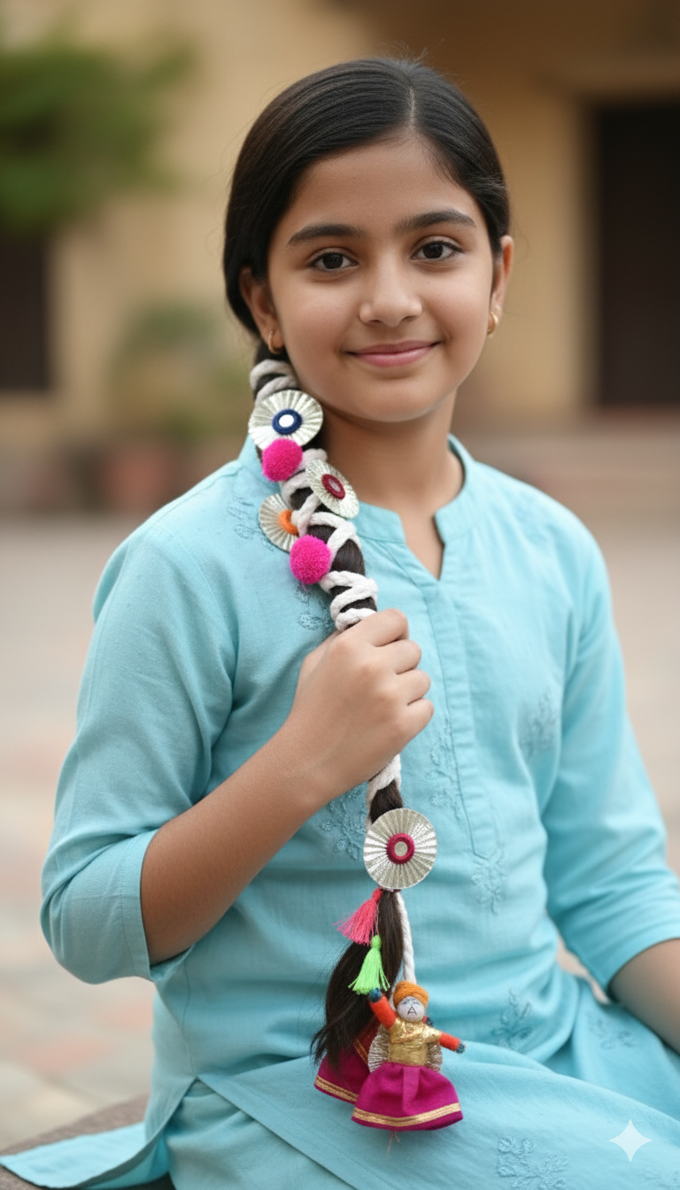 Handmade Mirror Work Braid Accessory with Puppets – Ethnic hair accessories
