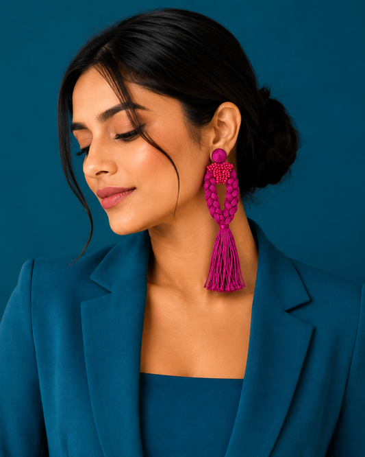Hot Pink Braided Tassel Earrings | Handmade Statement Earrings for Women | House of Bulbul
