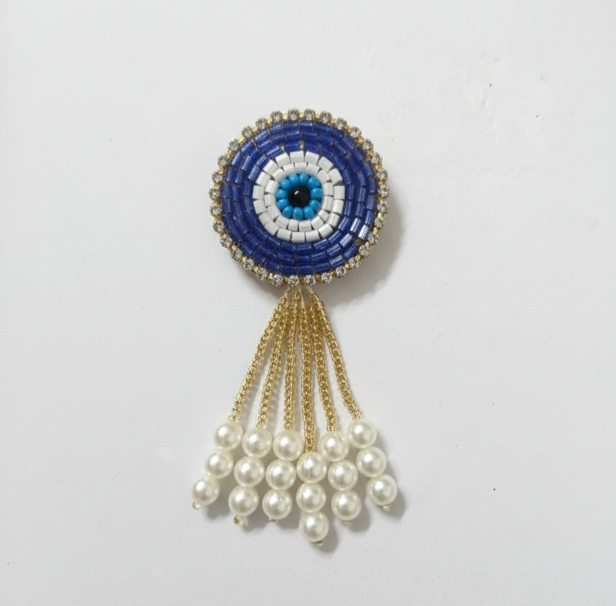 Evil Eye Beaded Brooch with Pearl Tassels - Wedding, Haldi & Mehndi Accessory