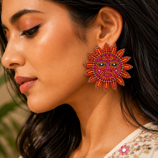 Handmade Sun Face Statement Earrings | Bohemian Beaded Celestial Earrings | House of Bulbul