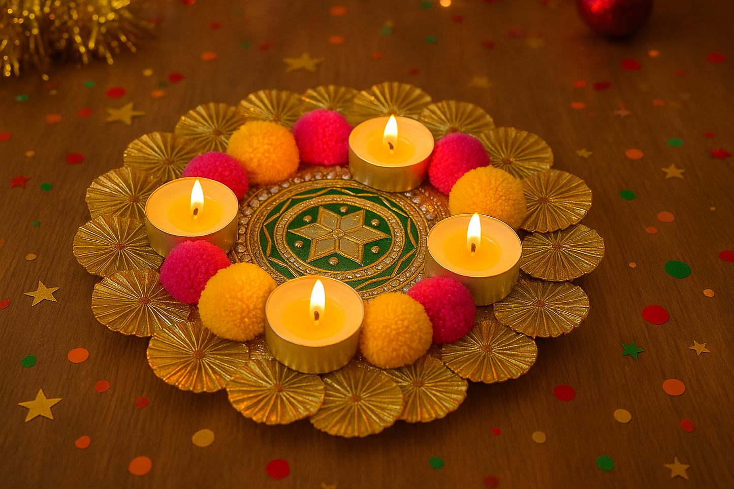 Festive Golden Rangoli Plate 8 inch with Tealight Candles