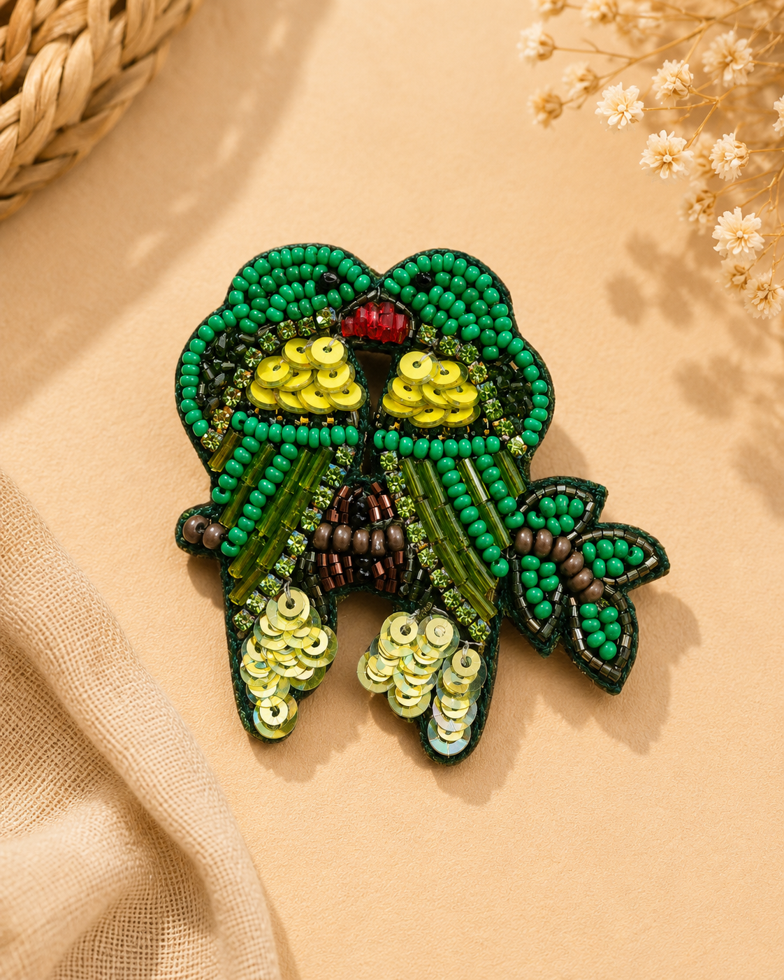 Green Beaded Parrot Brooch Pin | Handmade Statement Brooch | House of Bulbul