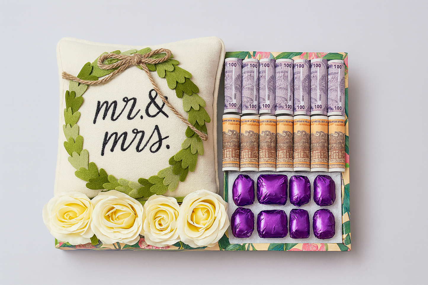Mr & Mrs Money Platter ( 2100/-) real currency with Chocolates | Wedding Gift Tray | Engagement / Roka Presentation