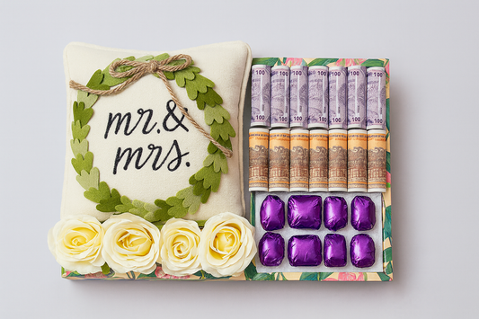Mr & Mrs Money Platter ( 2100/-) real currency with Chocolates | Wedding Gift Tray | Engagement / Roka Presentation