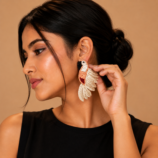 Peach Beaded Bird Statement Earrings | Handmade Tropical Earrings | House of Bulbul