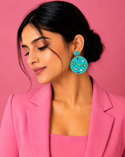 Turquoise Beaded Statement Earrings | Handmade Crystal Embellished Earrings | House of Bulbul