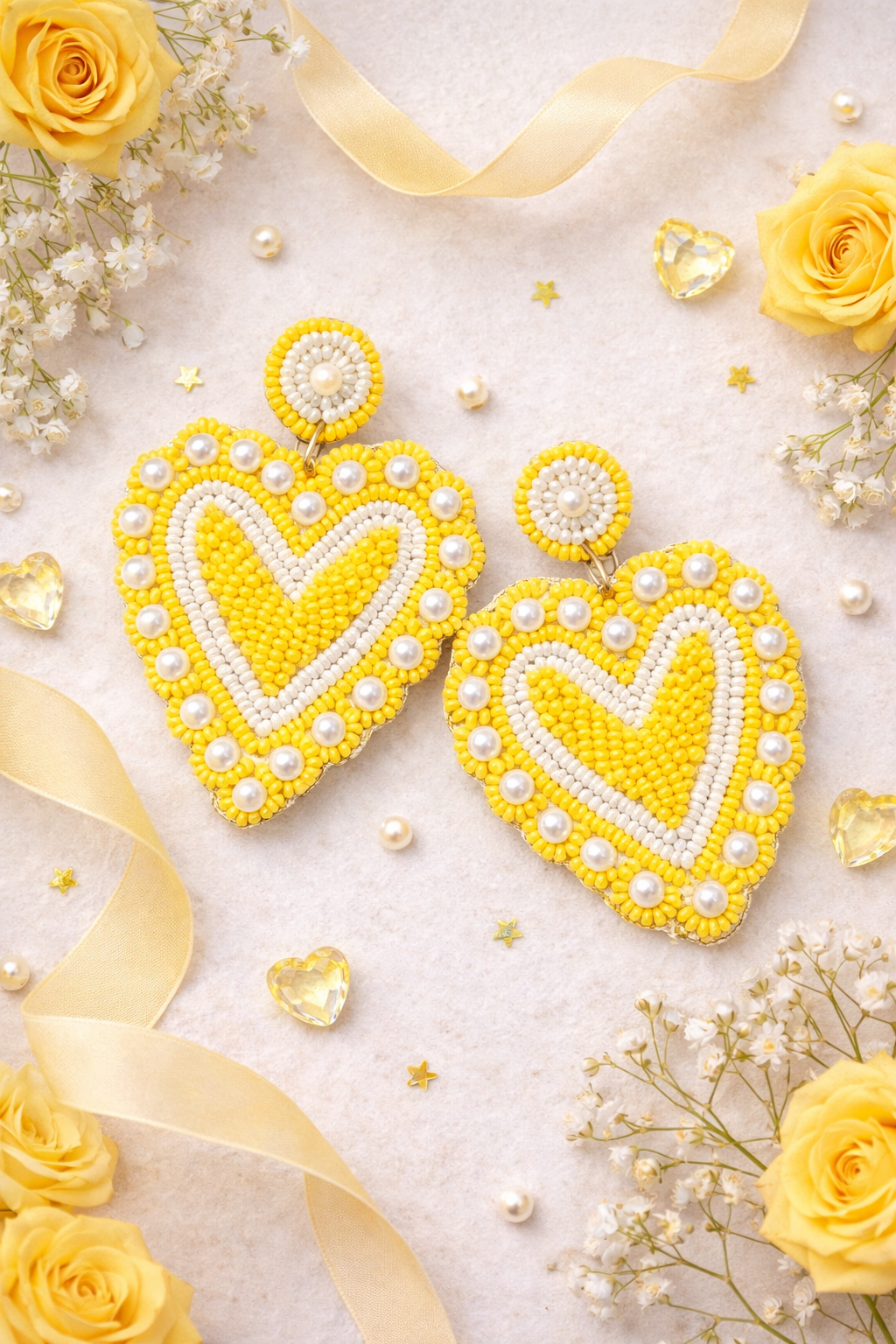 Yellow Heart Pearl Beaded Statement Earrings – Handmade Designer Jewellery