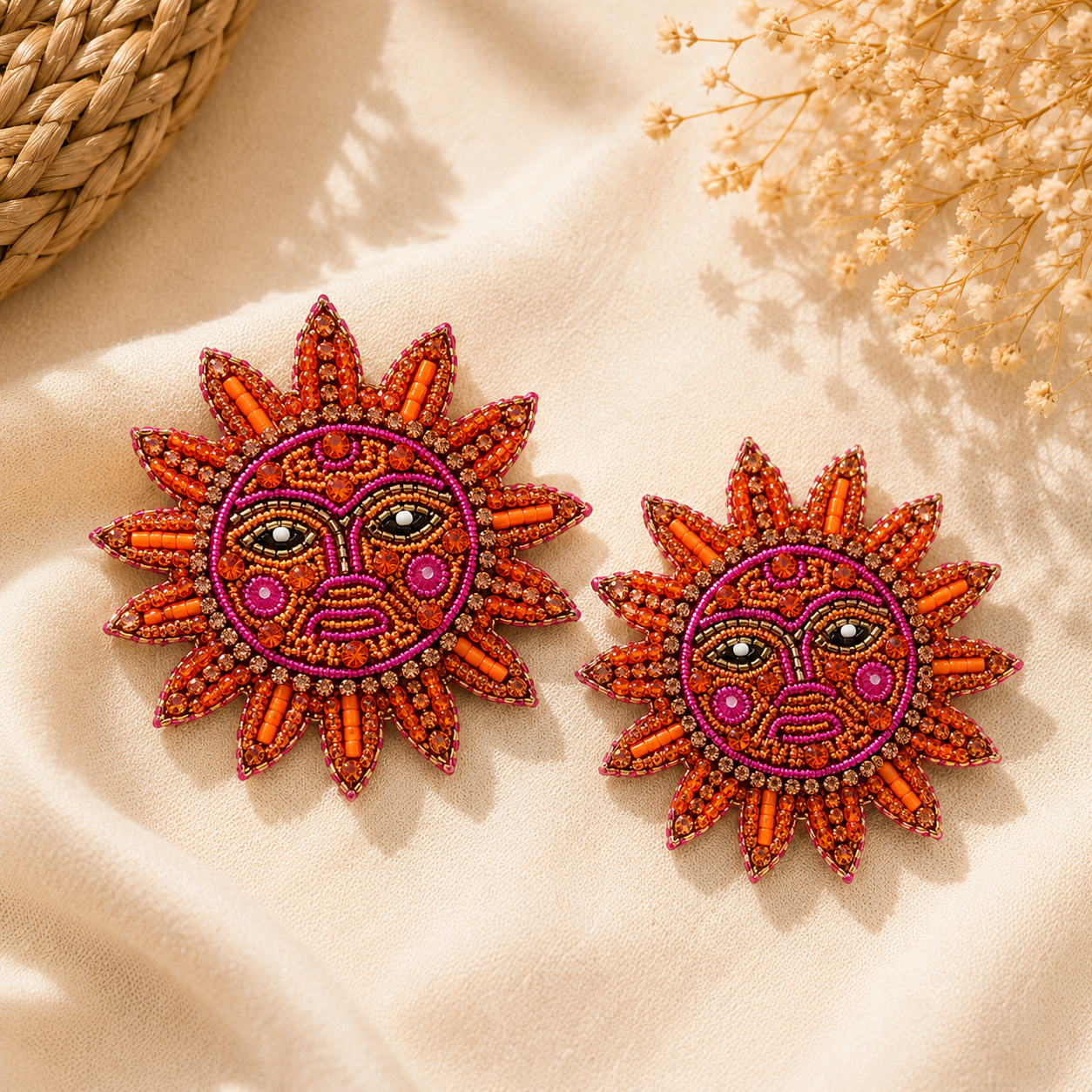 Handmade Sun Face Statement Earrings | Bohemian Beaded Celestial Earrings | House of Bulbul