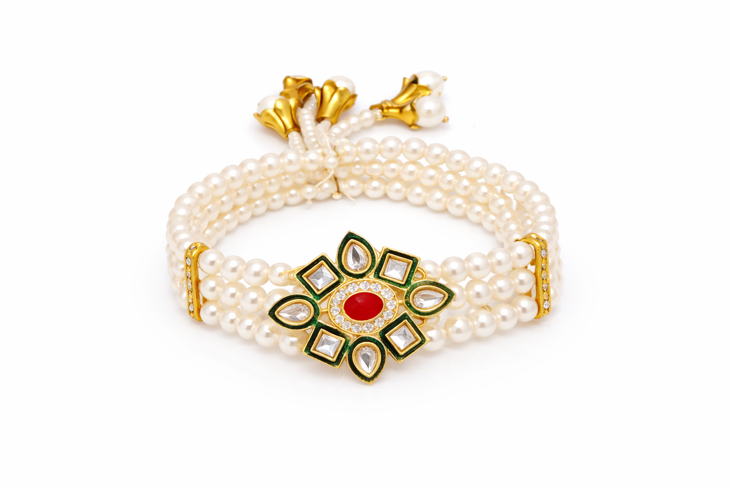 Pearl Kundan Bracelet with Ruby Center | Pearl Kundan Bracelet – Luxury Wedding Return Gift & Festive Favour | House of Bulbul
