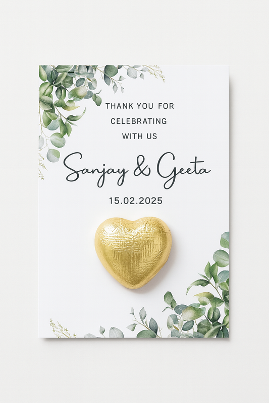 Personalised Wedding Favours | Gold Heart Chocolate Card | Custom Name Cards | Indian Wedding Gifts | Guest Thank You Cards