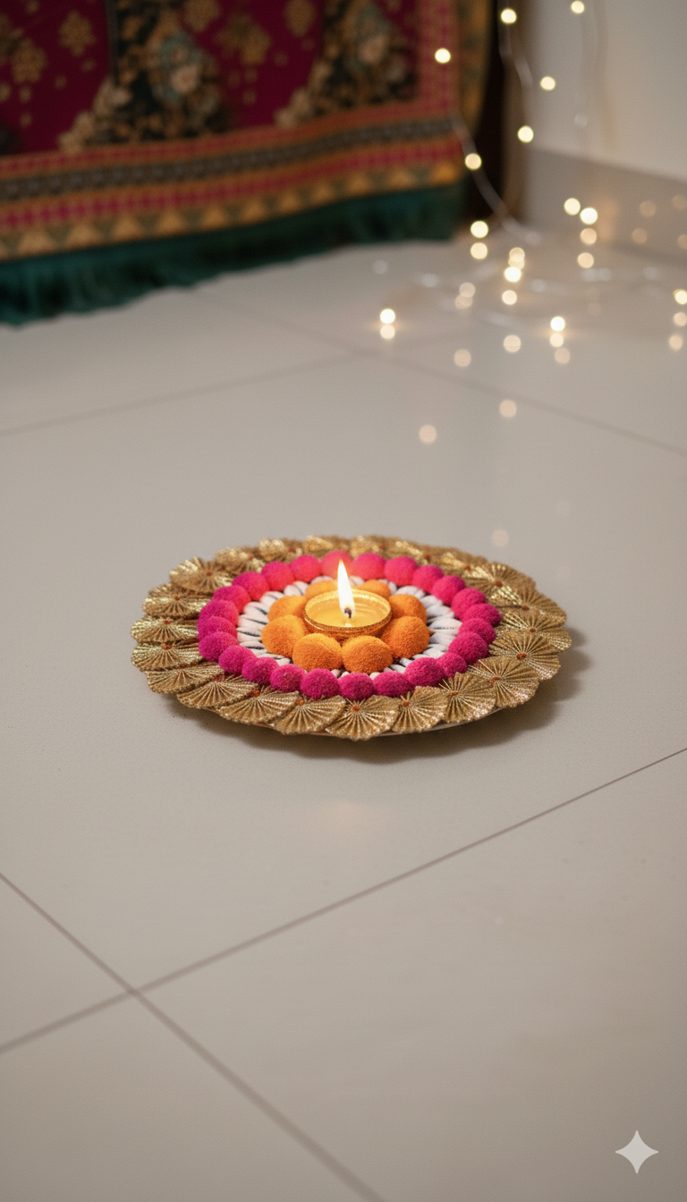 8 Inch Decorative Rangoli Plate for Diwali | Handmade Pooja Thali with Diya Holder | Festive Home Decoration