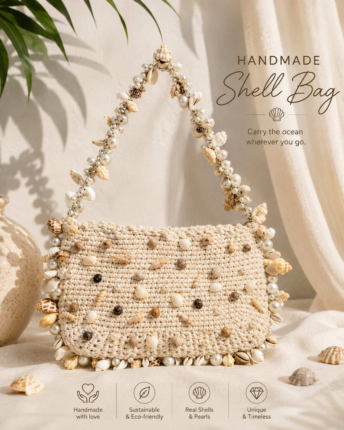 Handmade Crochet Shell Bag with Pearls | Beach Boho Shoulder Bag for Women