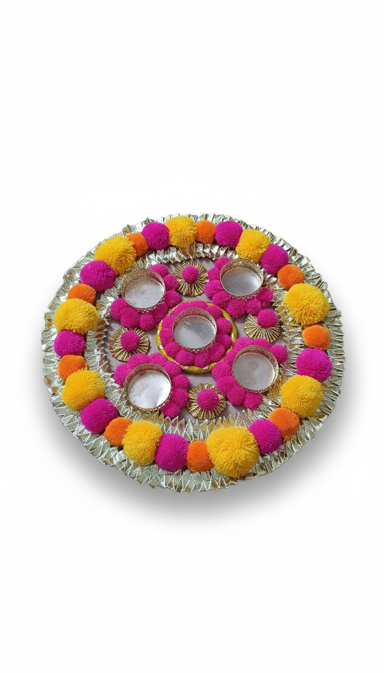 12 inch Decorative Rangoli Plate for Diwali | Handmade Pooja Thali with Diya Holder | Festive Home Decoration