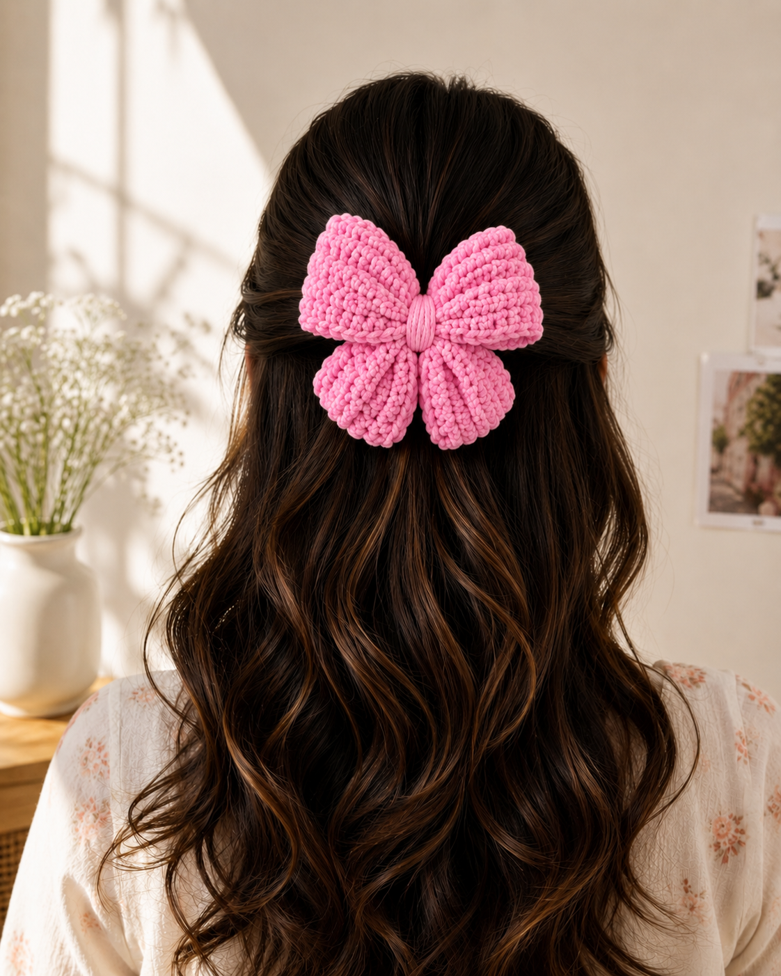 Handmade Crochet Hair Bow Clip – Hot Pink | House of Bulbul