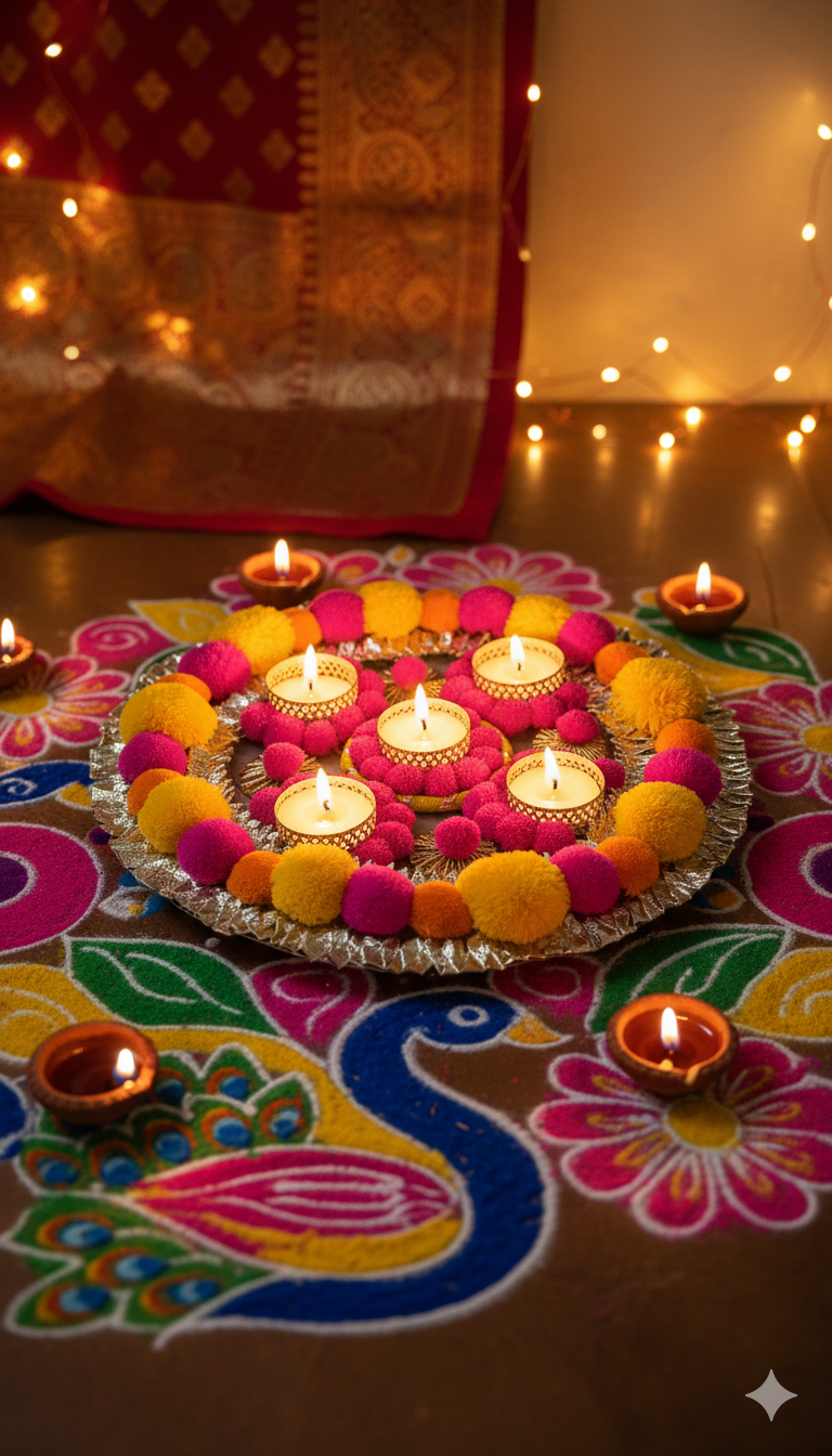 12 inch Decorative Rangoli Plate for Diwali | Handmade Pooja Thali with Diya Holder | Festive Home Decoration