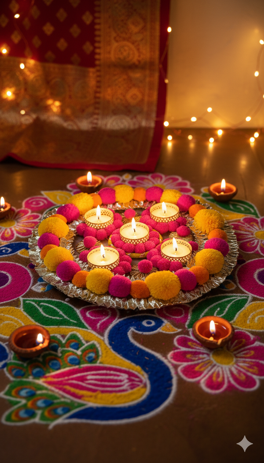 12 inch Decorative Rangoli Plate for Diwali | Handmade Pooja Thali with Diya Holder | Festive Home Decoration