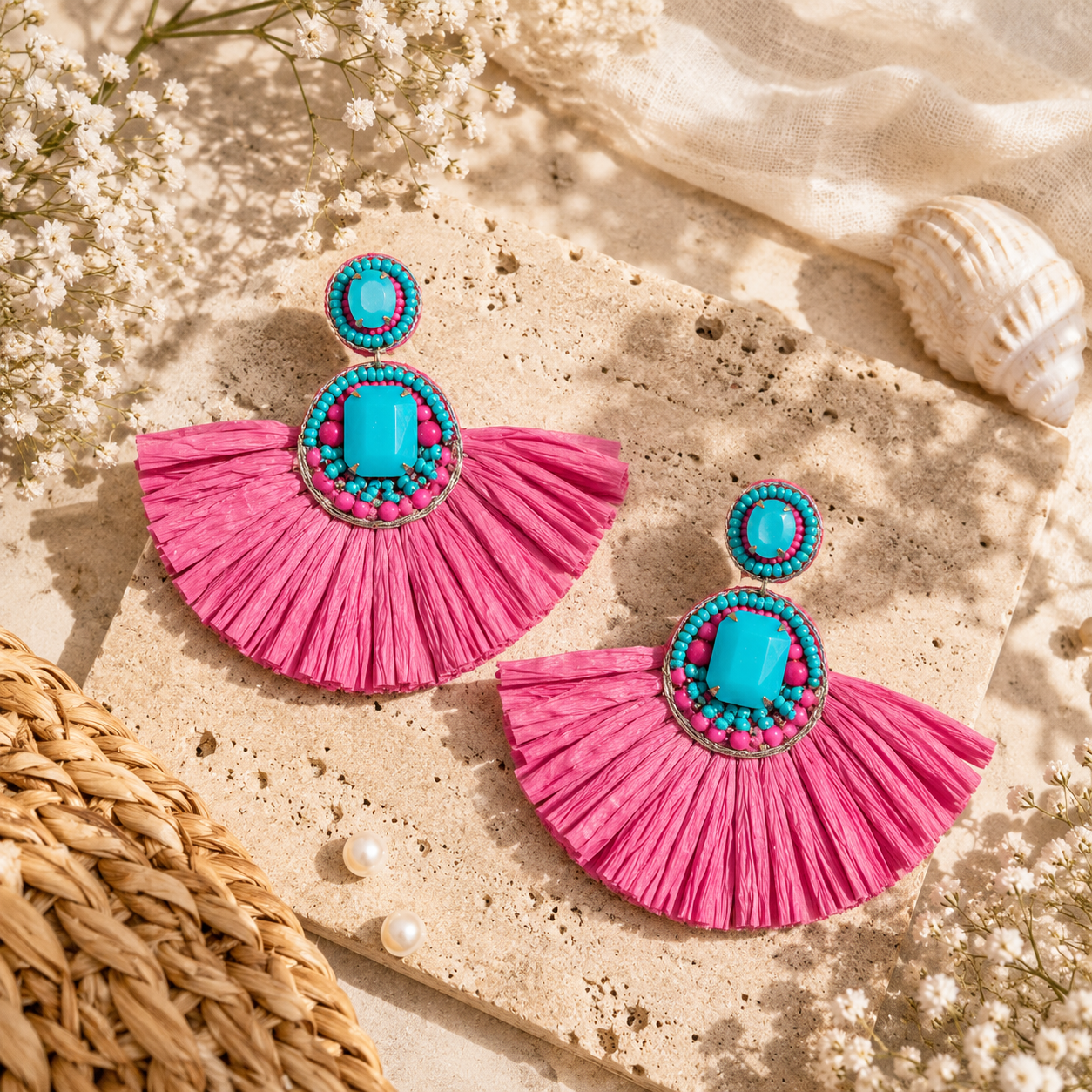 Pink & Turquoise Raffia Statement Earrings | Boho Fringe Earrings for Women | House of Bulbul