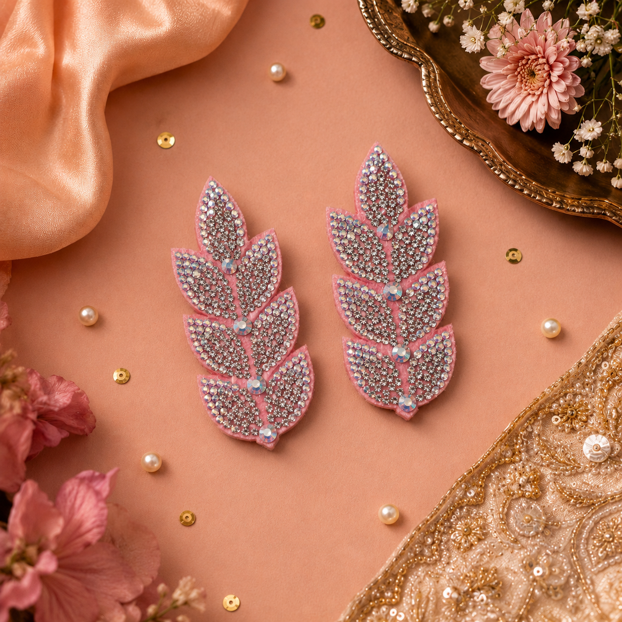 Pink Crystal Leaf Statement Earrings | Handmade Rhinestone Party Earrings | House of Bulbul
