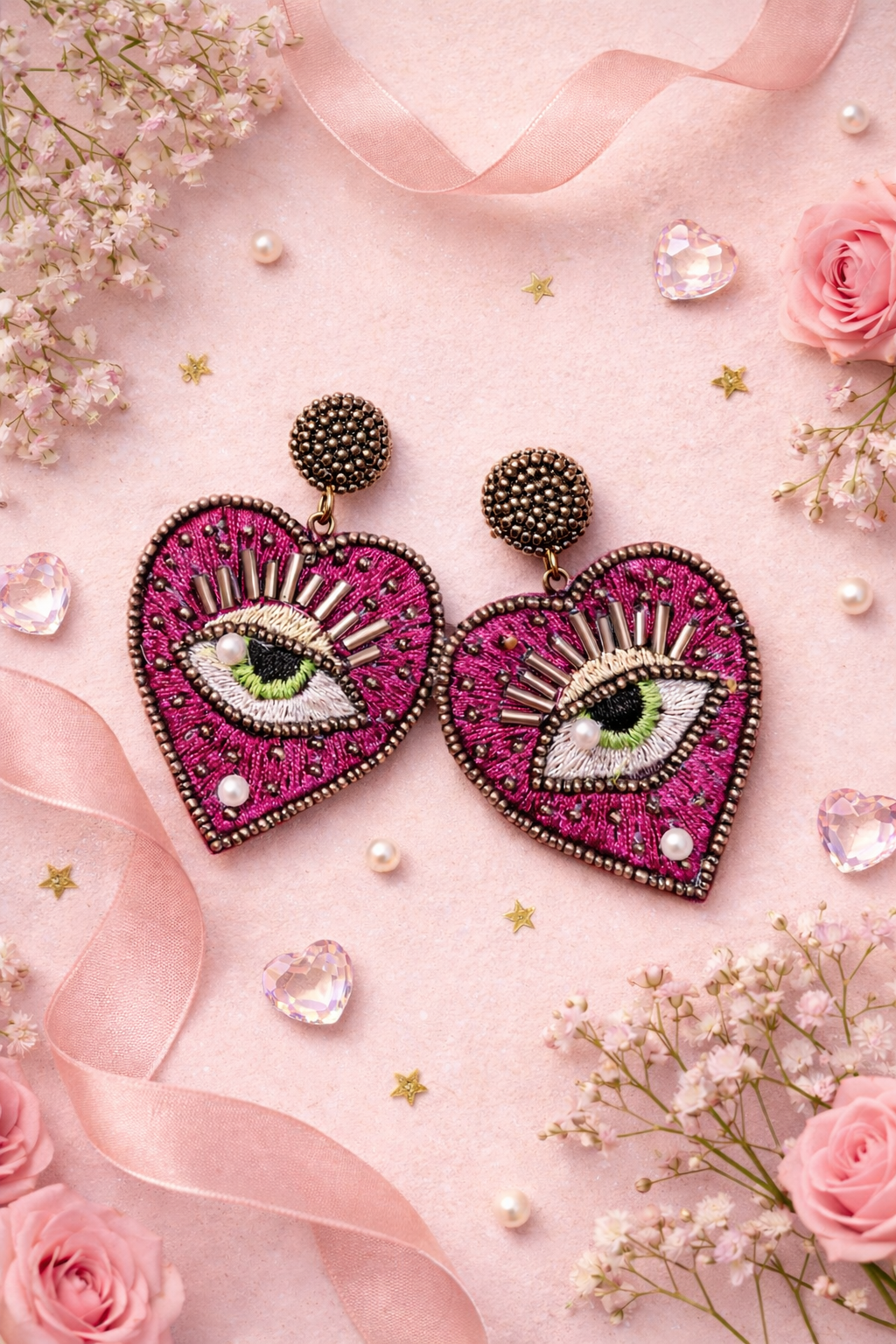 Handmade Evil Eye Heart Statement Earrings – Pink Beaded Boho Jewellery