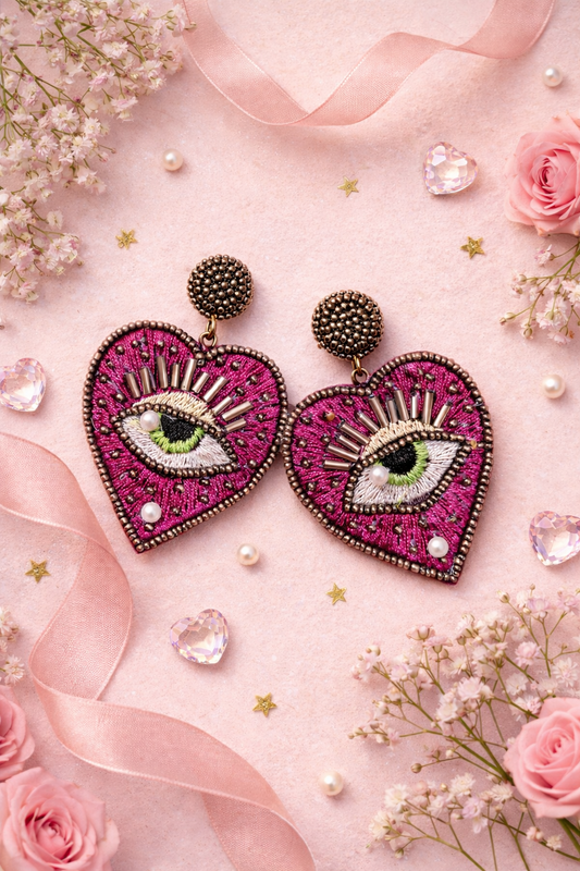 Handmade Evil Eye Heart Statement Earrings – Pink Beaded Boho Jewellery