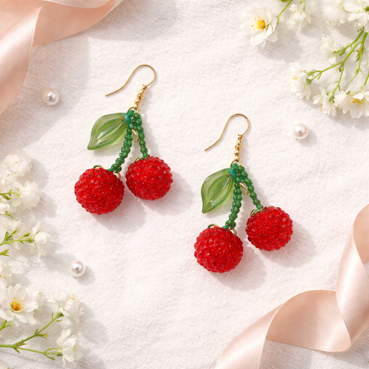 Cherry Pop Beaded Earrings | Handmade Red Cherry Drop Earrings for Women