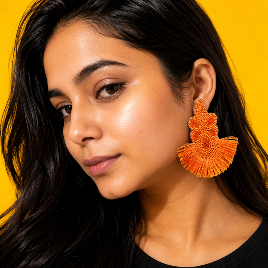 Marigold Bloom Handmade Beaded Tassel Earrings | House of Bulbul