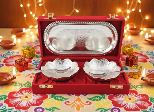 Premium Silver-Plated 2 Bowl Set with Tray & Spoons in Velvet Gift Box