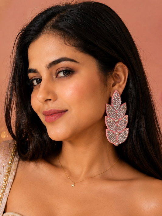 Pink Crystal Leaf Statement Earrings | Handmade Rhinestone Party Earrings | House of Bulbul