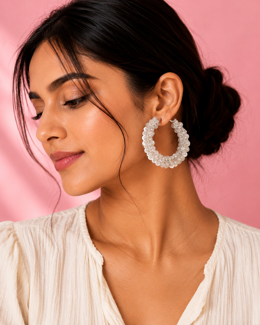 Moonflower Hoop Earrings | White Floral Sequin Statement Hoops | Handmade Earrings by House of Bulbul