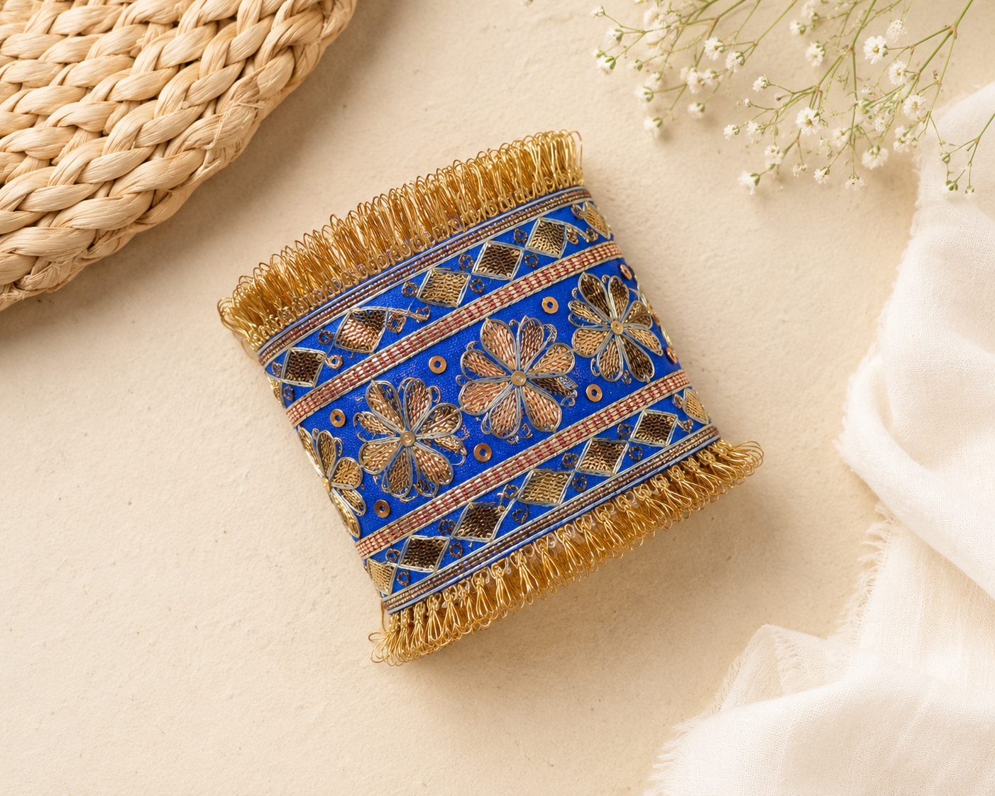 Royal Blue Gota Patti Statement Cuff Bracelet | Handmade Embroidered Boho Wrist Cuff | House of Bulbul