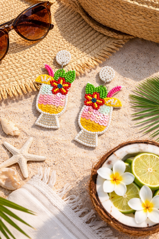 Tropical Cocktail Beaded Statement Earrings | Handmade Beachwear Earrings for Women
